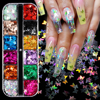12 Grids/Set Holographics Nail Glitter Sequins Silver Pink Sparkly 3D Thin Butterfly Flakes Decorations Nail Art DIY Accessories
